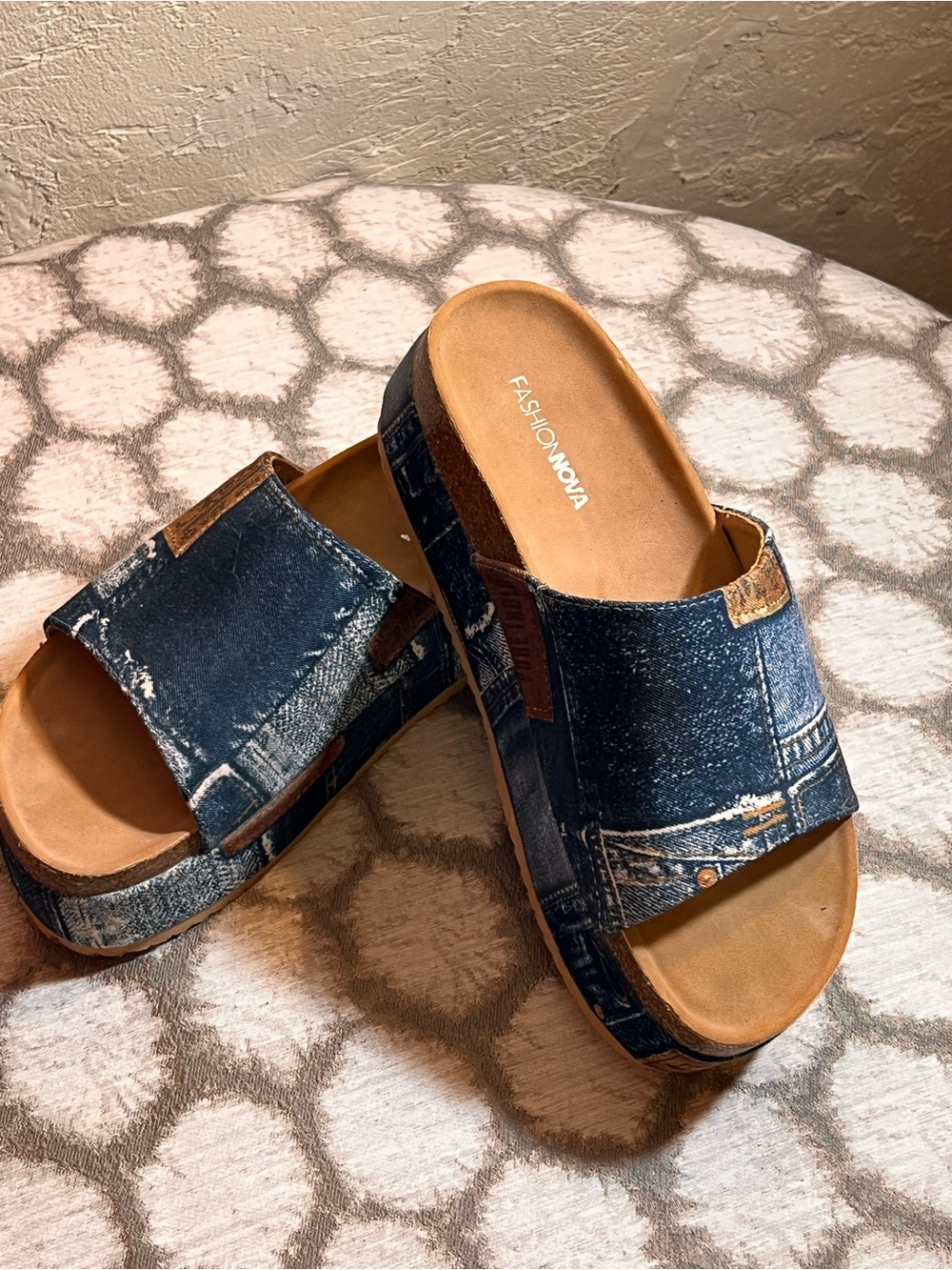 Denim Print Slide Platform Sandals - Dark Blue Brown sz 8